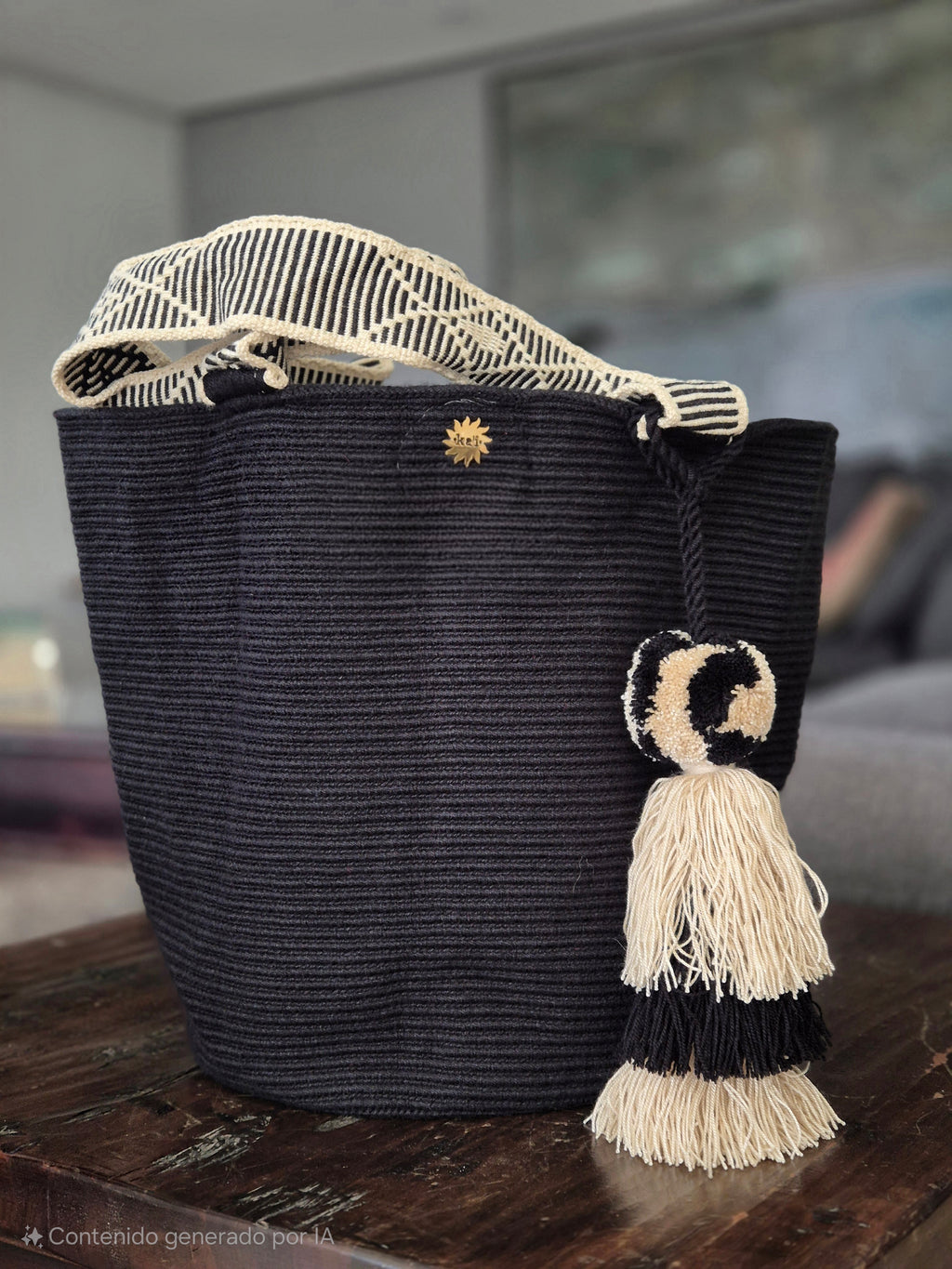Black handbag with handle and pompom in black and beige