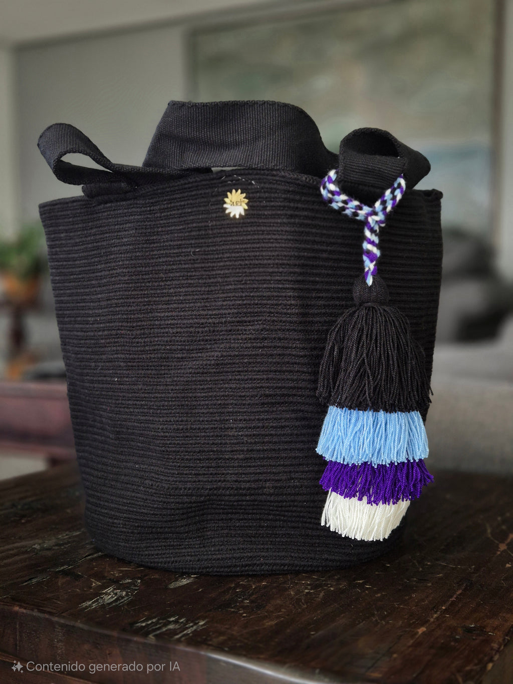 Cartera negra con asa negra y pompón en negro, azul turquesa, marino y blanco