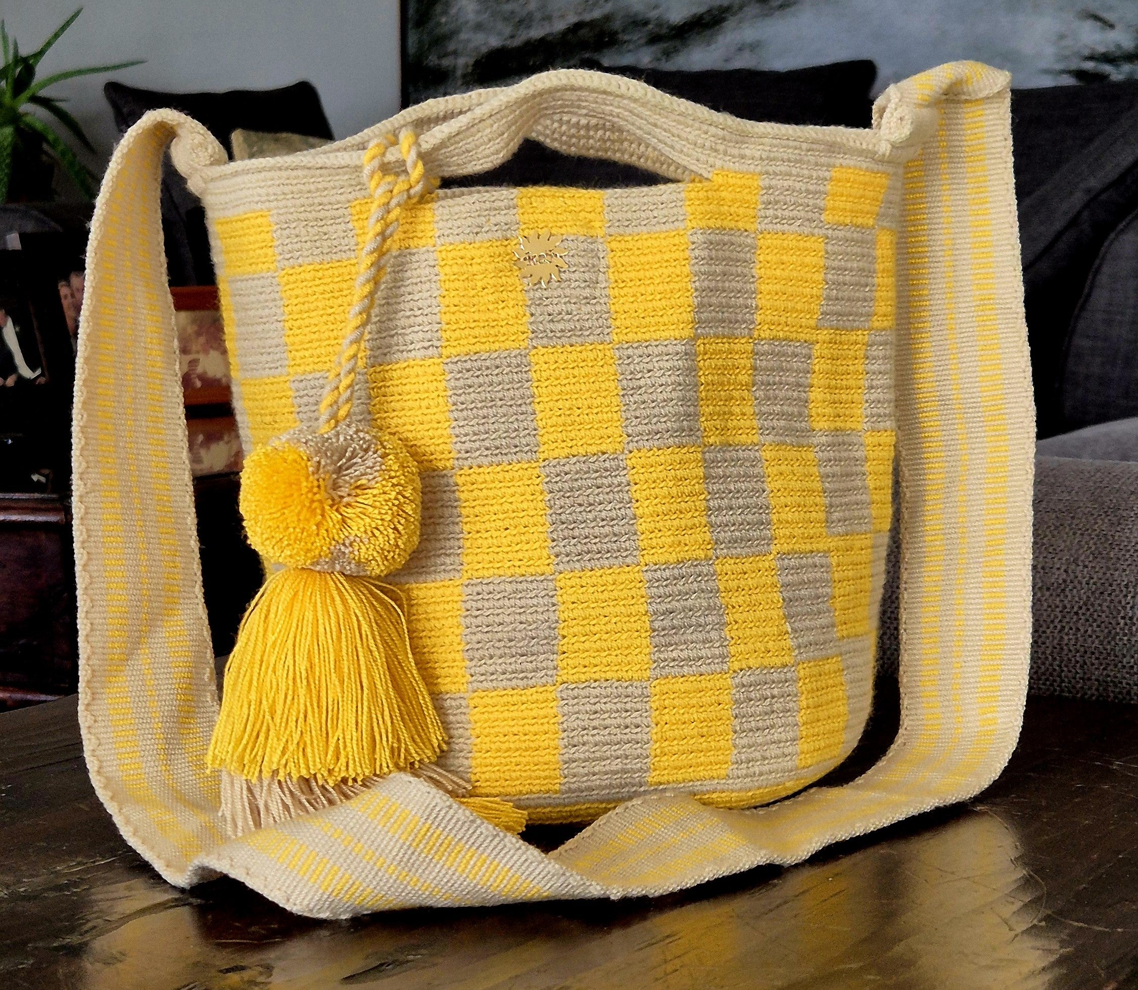 Beige wallet with yellow checks