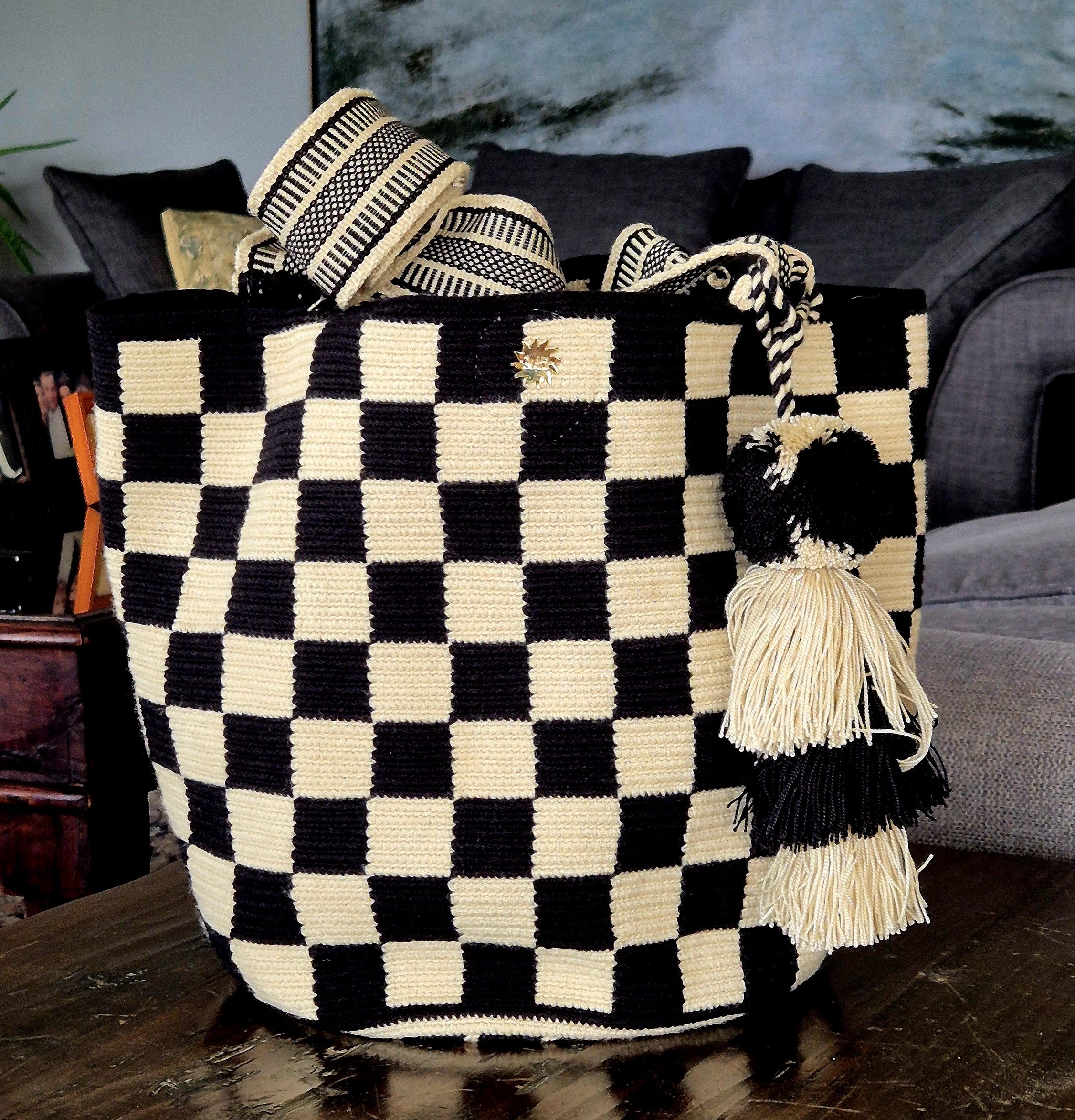 Beige and black plaid wallet