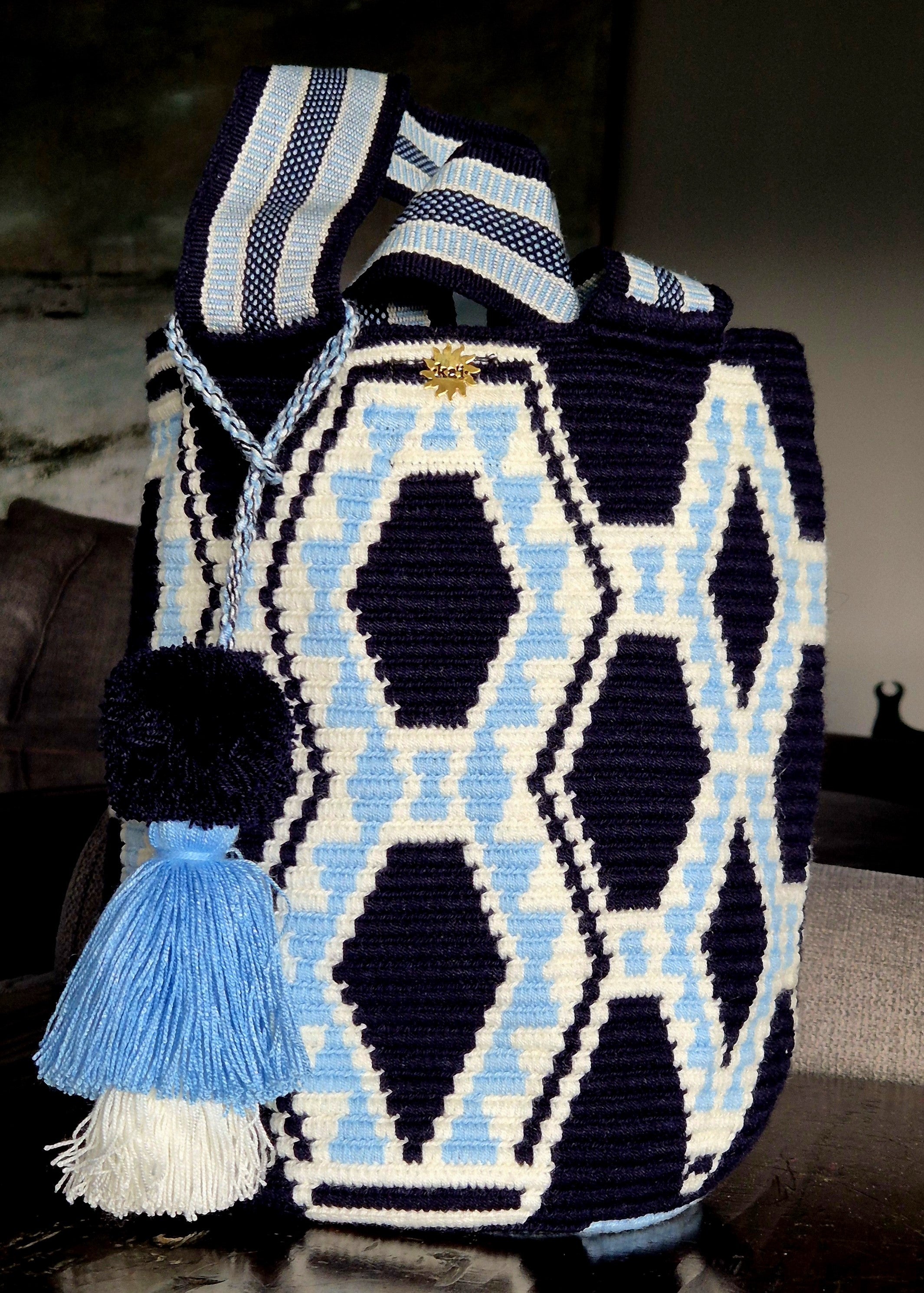 Dark blue wallet with white diamonds and light blue triangles