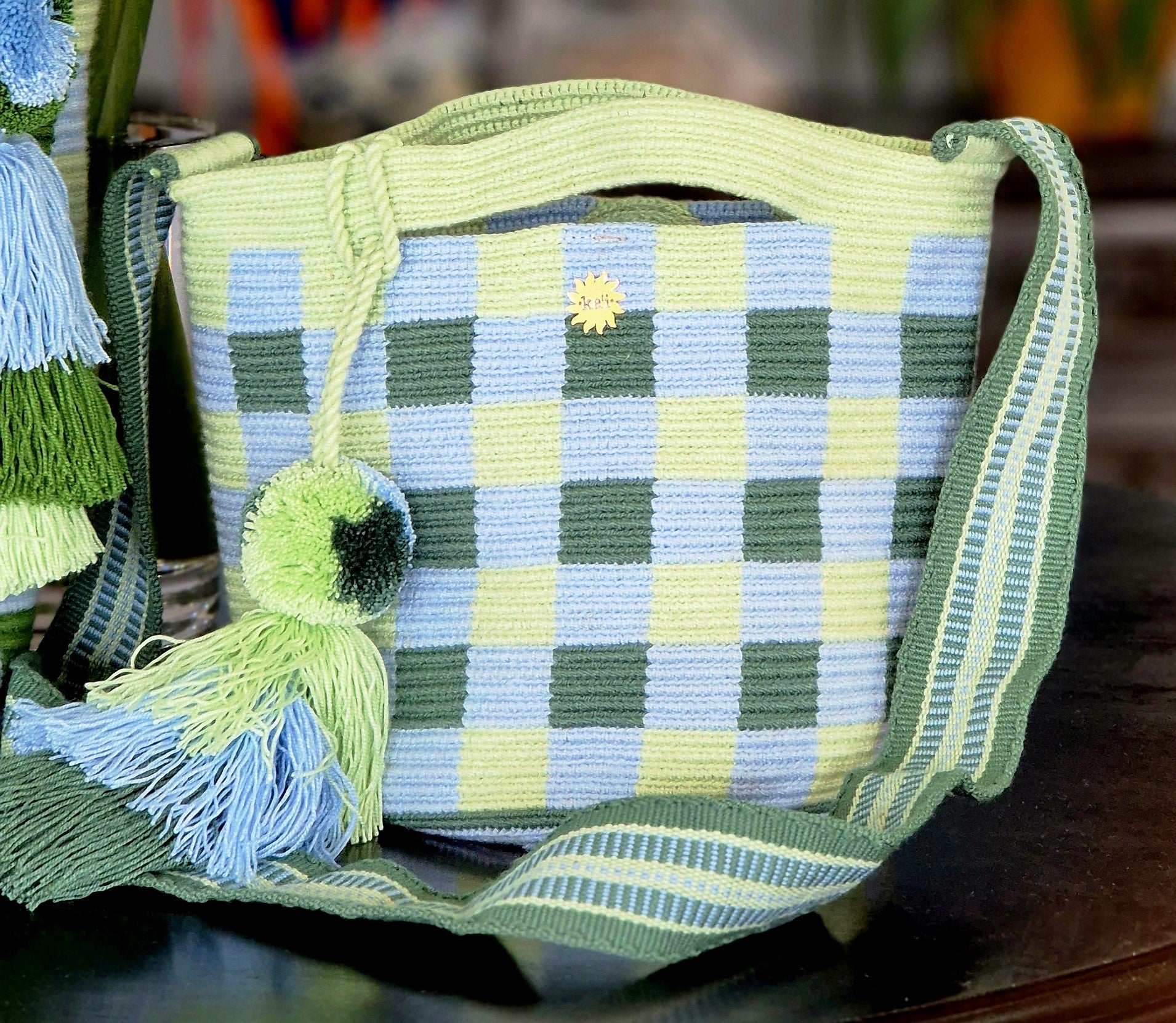 Light blue, olive and apple plaid wallet