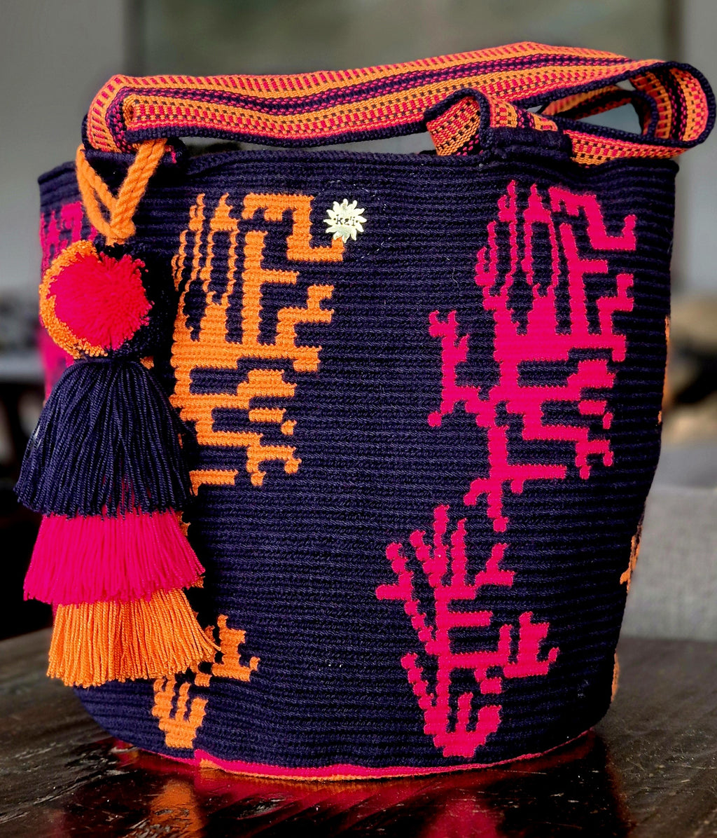 Navy blue wallet with coral, orange, and fuchsia