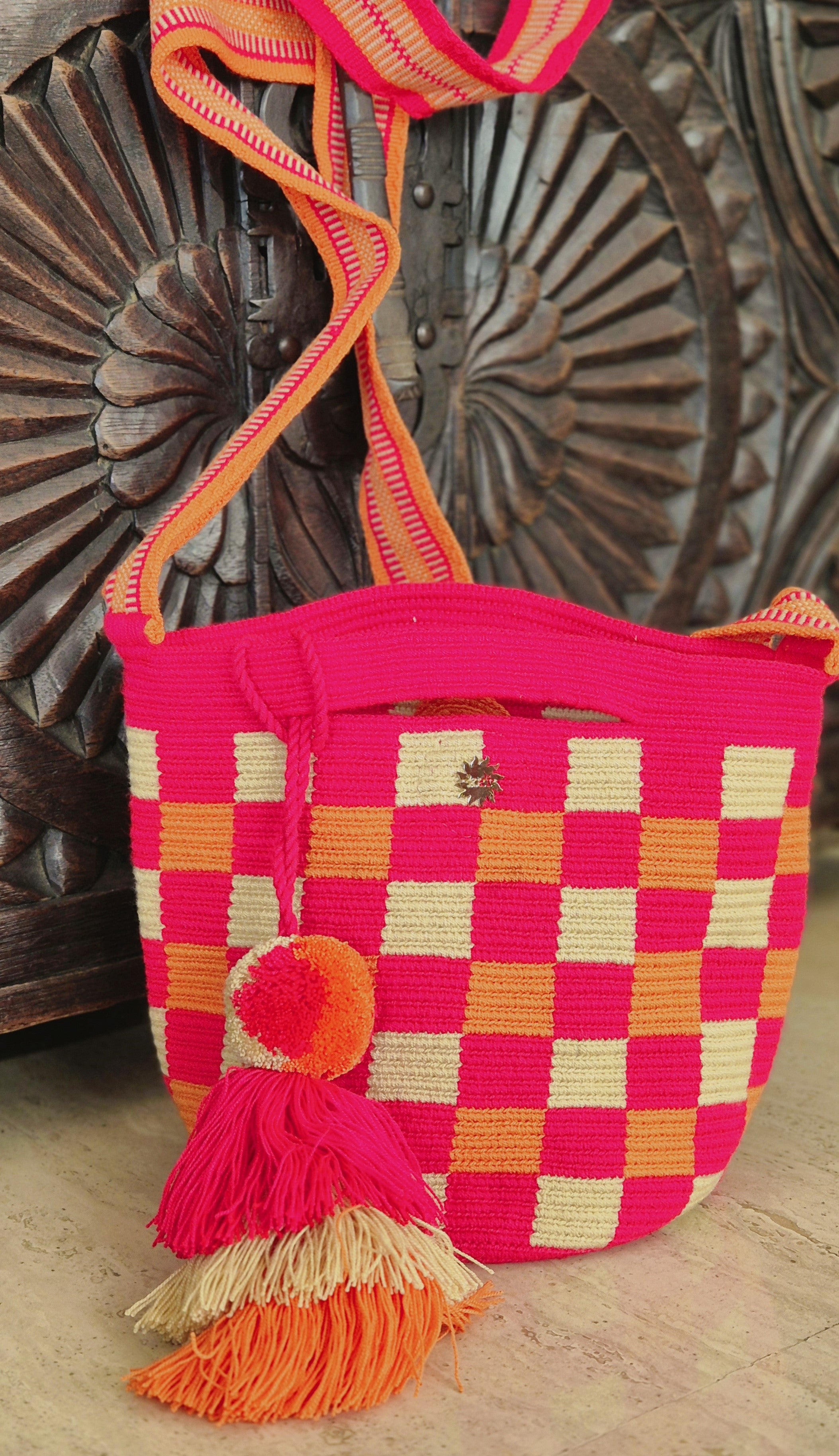 Beige, fuchsia and orange plaid handbag