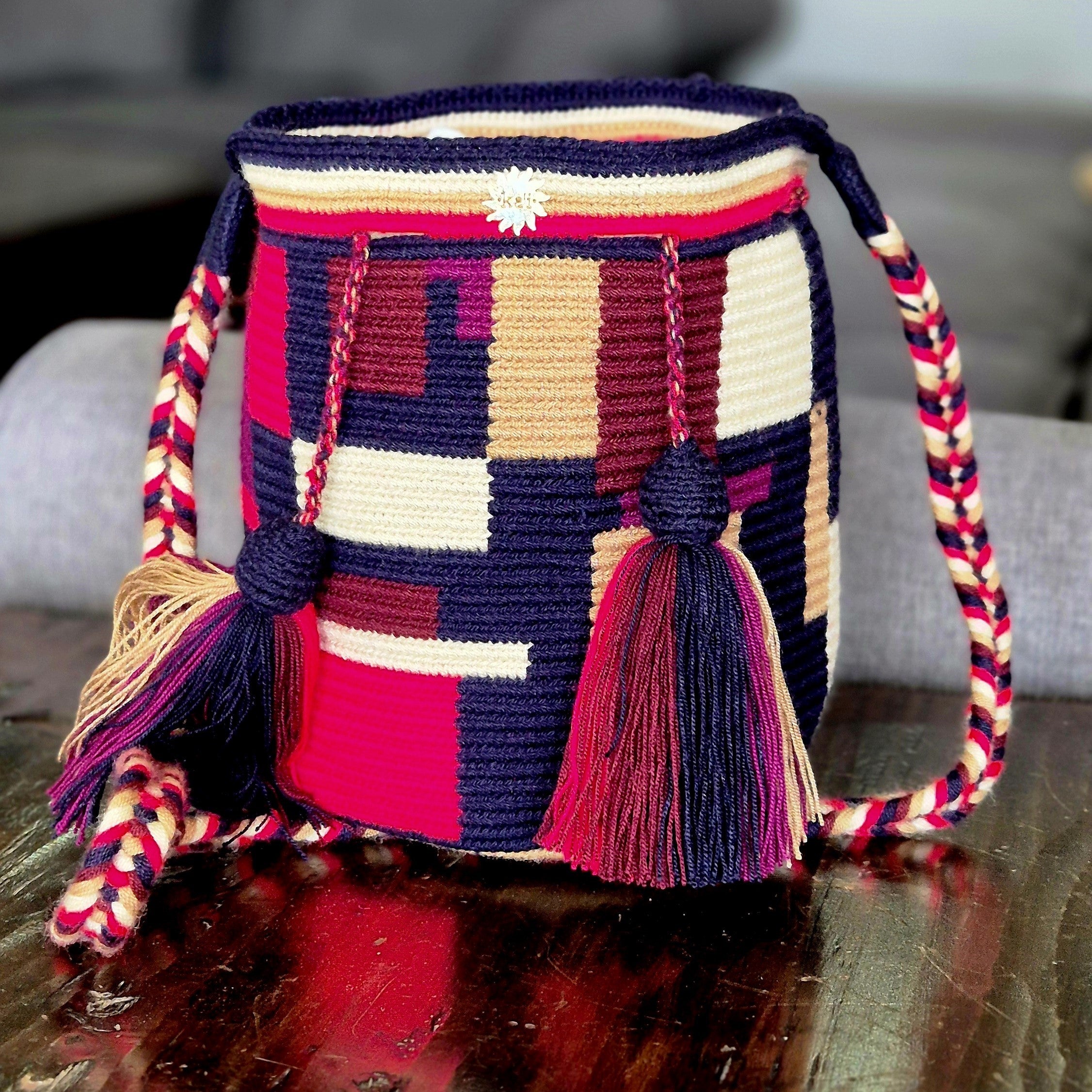 Navy blue wallet with khaki, purple, terra and beige rectangles