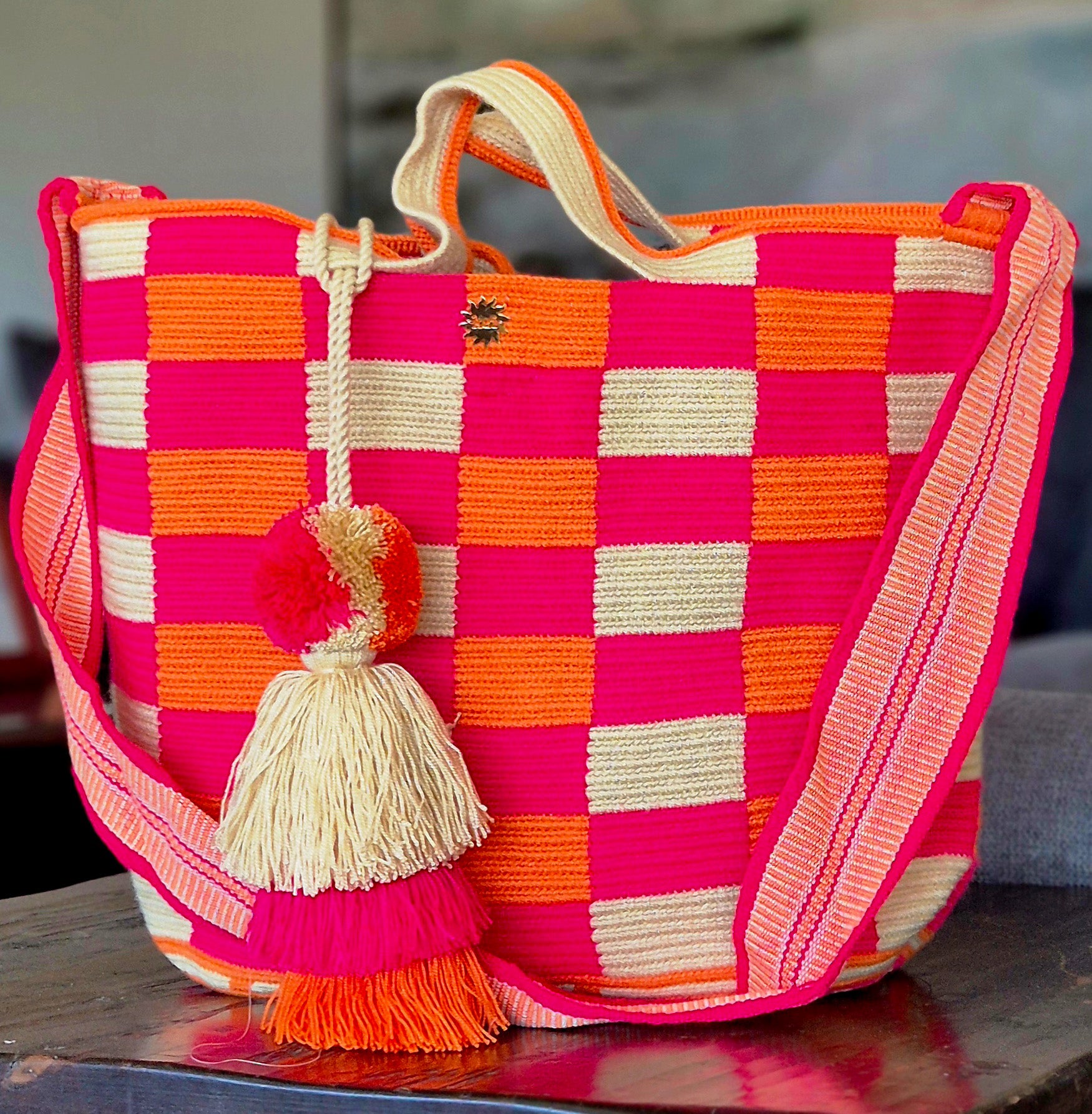 Beige, fuchsia and orange plaid handbag