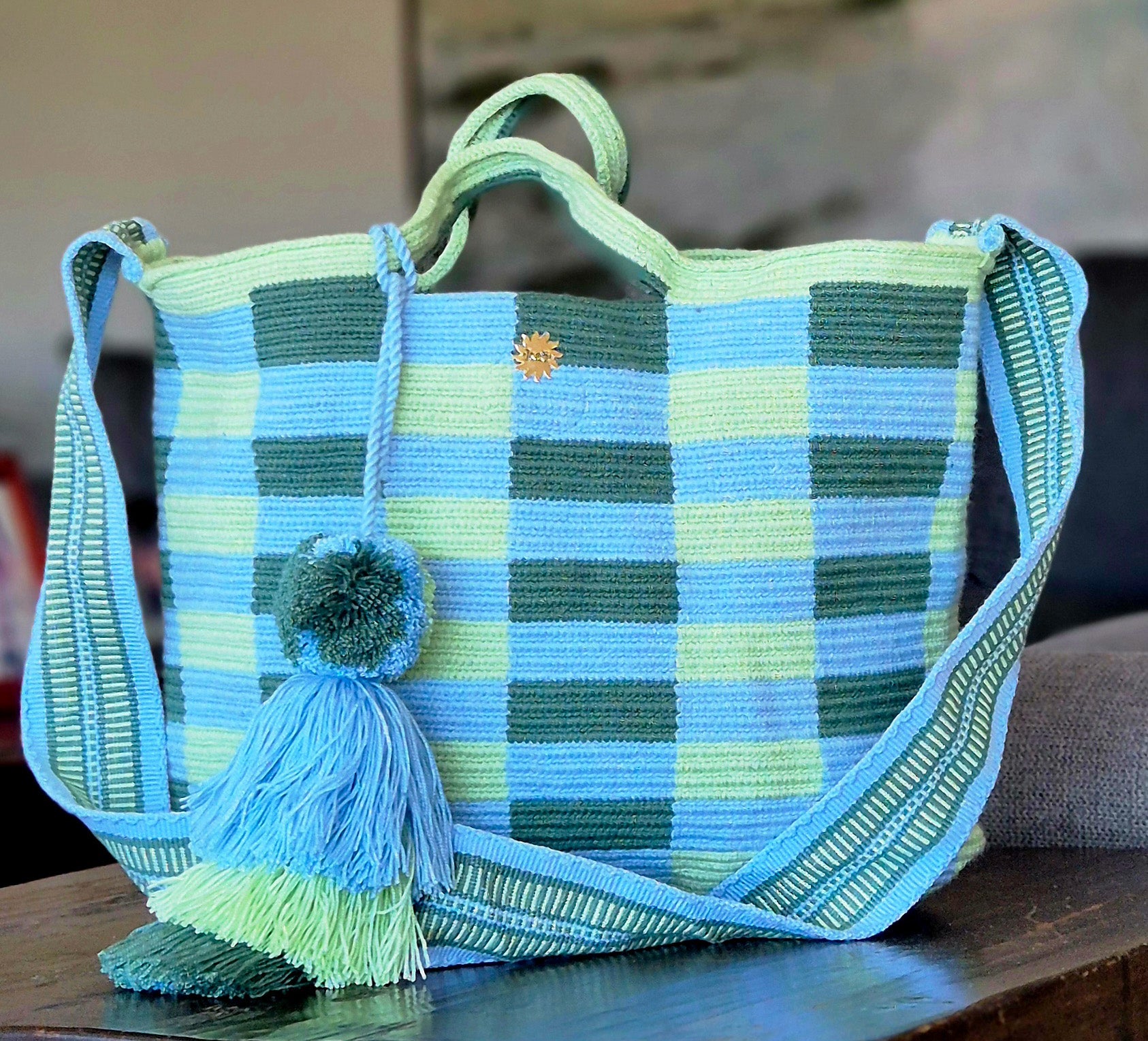 Light blue, olive and apple plaid wallet